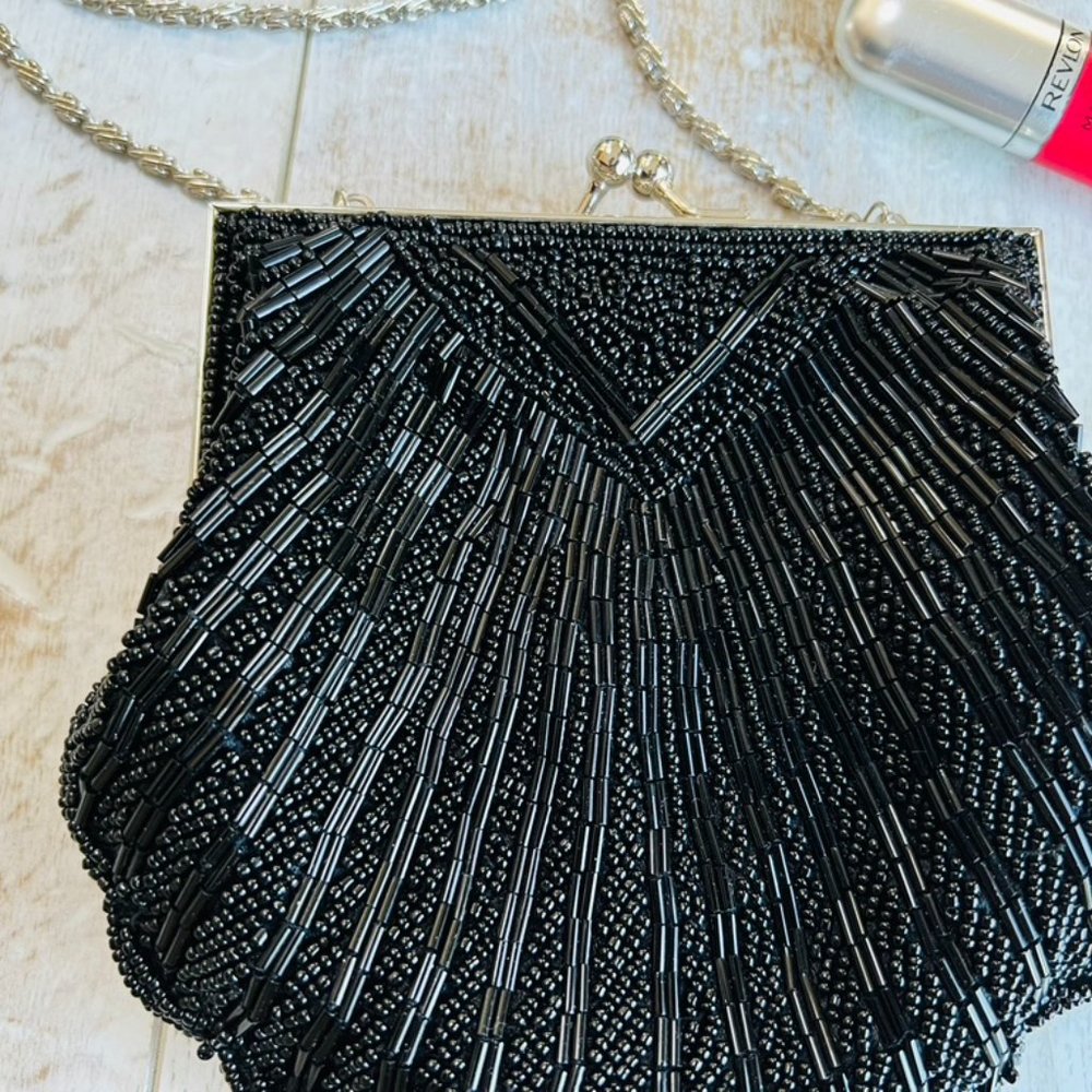 Valerie Stevens Black Beaded Evening Bag w/Mirror - Picture 5 of 5